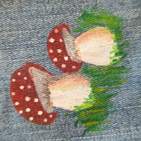 Hand painted Indie mushrooms fairy core nature scene unique cropped jean jacket - Picture 7 of 9